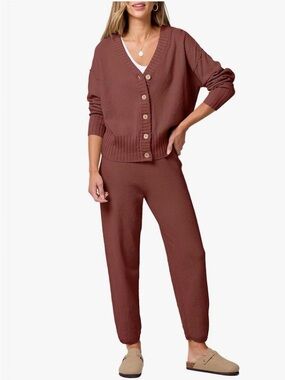 Anrabess from Amazon Relaxed Knit Joggers &  Cardigan Set - Brick color